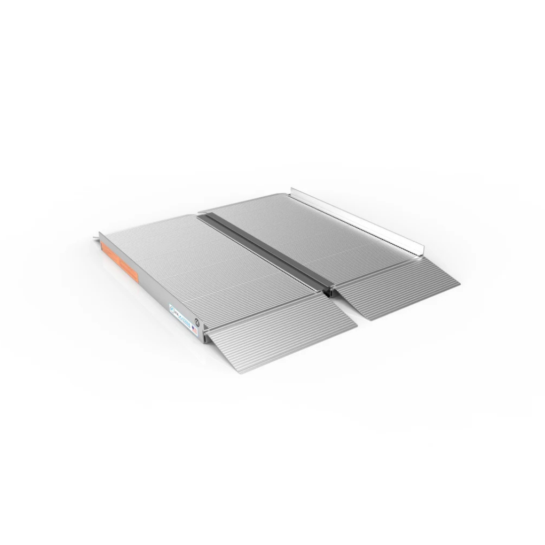 The EZ-Access SUITCASE® Singlefold Mobility Ramp is a portable aluminum ramp with a textured, non-slip surface and safety raised edges. Unfolded and shown on a white background. Specifications and warranty details available.